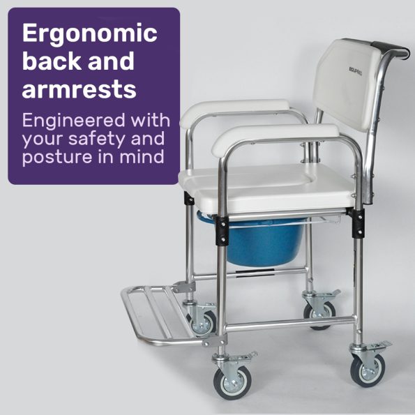 Equipmed Commode Shower Chair| Over Toilet or Bedside 136kg Capacity Aluminium frame with Wheels| White/Blue - Image 5