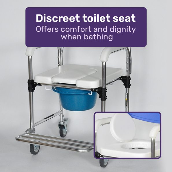 Equipmed Commode Shower Chair| Over Toilet or Bedside 136kg Capacity Aluminium frame with Wheels| White/Blue - Image 7