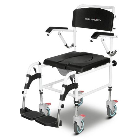 Equipmed Commode Shower Chair| Over Toilet or Bedside 136kg Capacity Aluminium frame with Wheels| Black