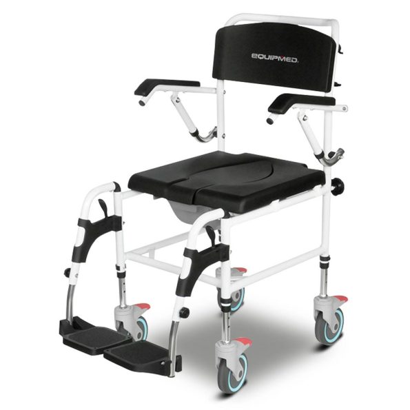 Equipmed Commode Shower Chair| Over Toilet or Bedside 136kg Capacity Aluminium frame with Wheels| Black
