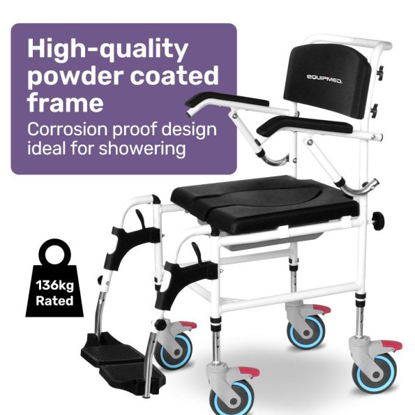 Equipmed Commode Shower Chair| Over Toilet or Bedside 136kg Capacity Aluminium frame with Wheels| Black - Image 2