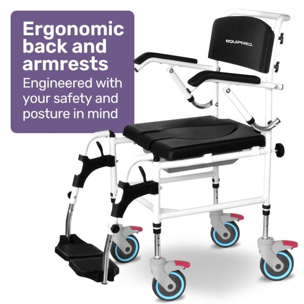 Equipmed Commode Shower Chair| Over Toilet or Bedside 136kg Capacity Aluminium frame with Wheels| Black - Image 5