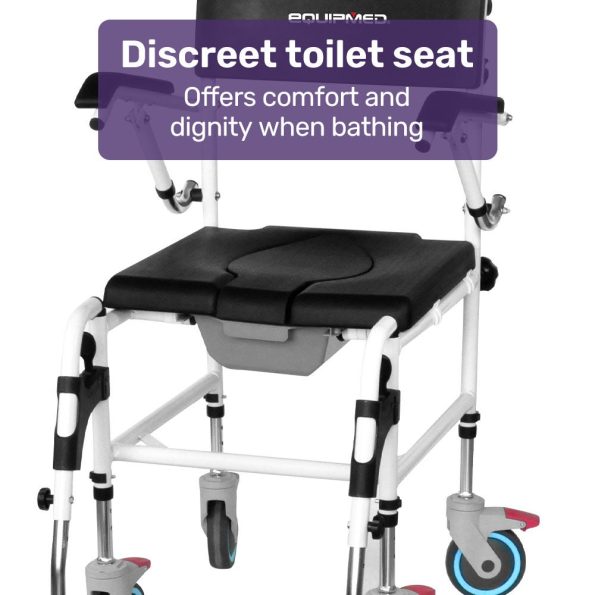 Equipmed Commode Shower Chair| Over Toilet or Bedside 136kg Capacity Aluminium frame with Wheels| Black - Image 7