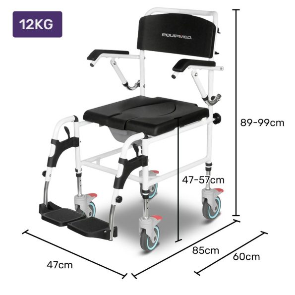 Equipmed Commode Shower Chair| Over Toilet or Bedside 136kg Capacity Aluminium frame with Wheels| Black - Image 11