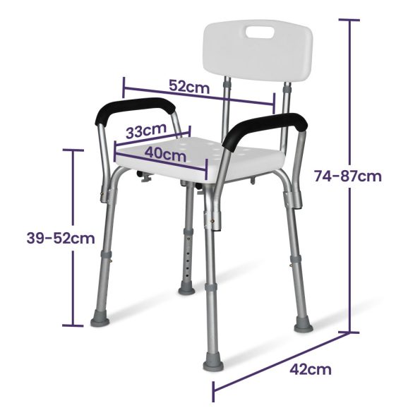 EQUIPMED Shower Chair Bath Seat 120kg Capacity| with Arms| Adjustable Height| for Elderly| White - Image 2