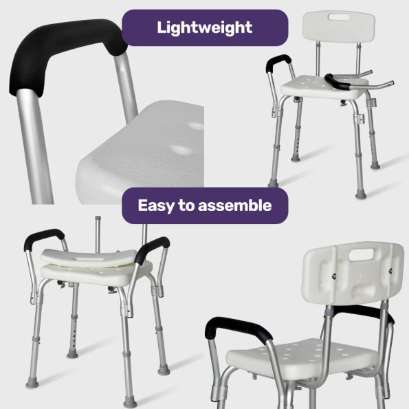 EQUIPMED Shower Chair Bath Seat 120kg Capacity| with Arms| Adjustable Height| for Elderly| White - Image 6