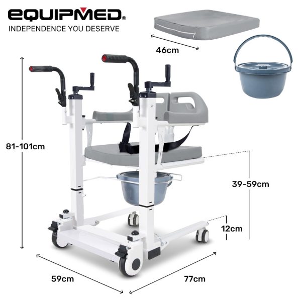 EQUIPMED 4in1 Patient Lift Transfer Chair| Manual Height Adjustment| Shower Compatible| Over Toilet| Removable Commode| for Seniors Elderly Disabled - Image 2