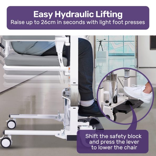 Equipmed Patient Lift Transfer Chair| Easy Hydraulic Height Adjustment| Shower Compatible| Over Toilet| Removable Commode| for Seniors Elderly Disabled - Image 4