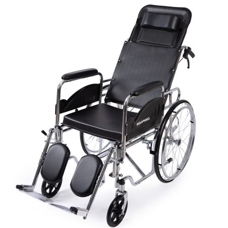 Equipmed Folding Manual Reclining Wheelchair Self Propelled | 24 Rear Wheels | Chrome Steel Frame | 100kg Capacity