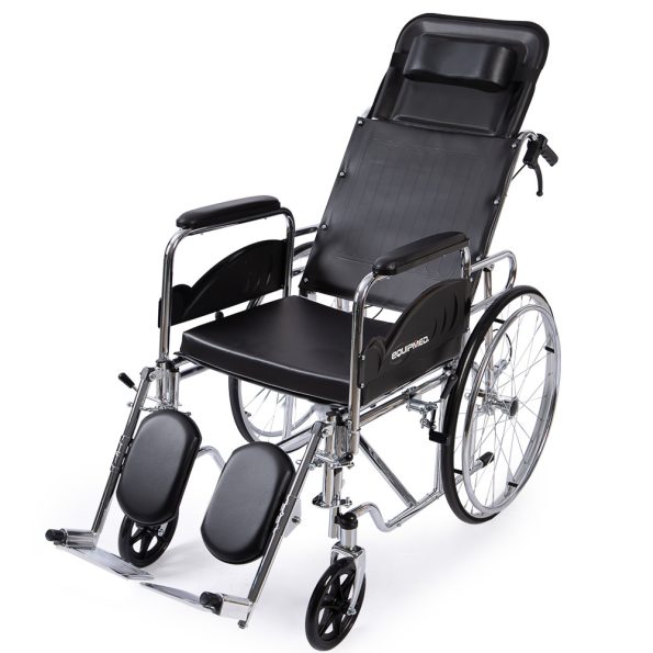 Equipmed Folding Manual Reclining Wheelchair Self Propelled | 24 Rear Wheels | Chrome Steel Frame | 100kg Capacity