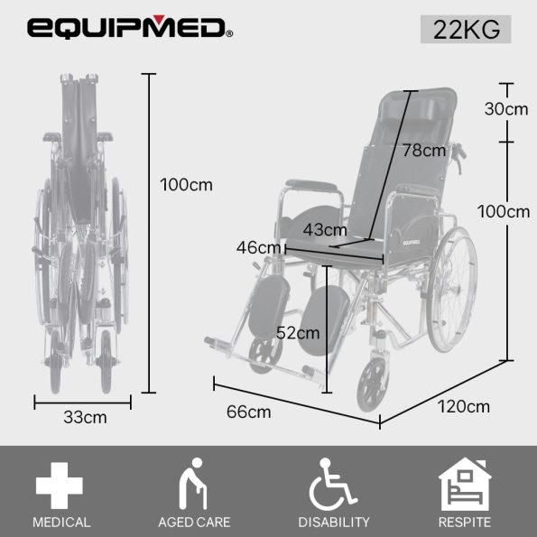 Equipmed Folding Manual Reclining Wheelchair Self Propelled | 24 Rear Wheels | Chrome Steel Frame | 100kg Capacity - Image 2