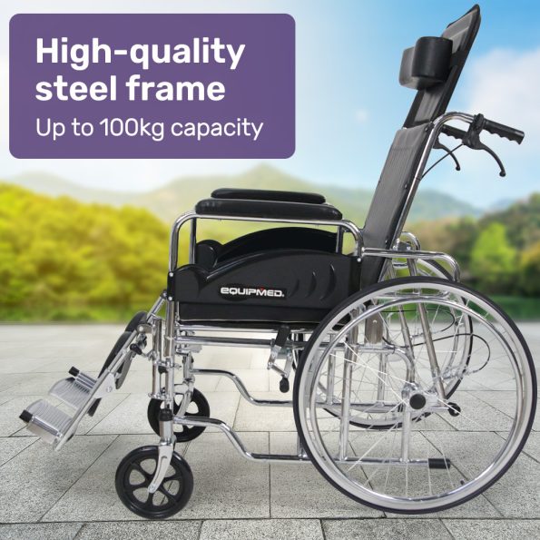 Equipmed Folding Manual Reclining Wheelchair Self Propelled | 24 Rear Wheels | Chrome Steel Frame | 100kg Capacity - Image 3