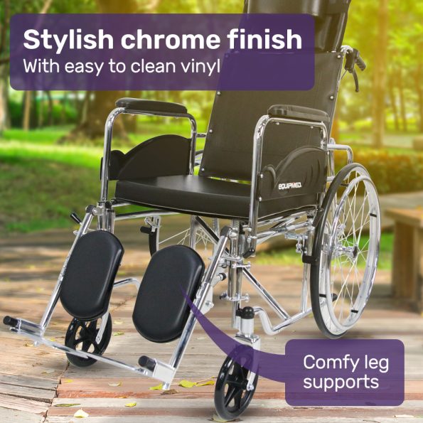 Equipmed Folding Manual Reclining Wheelchair Self Propelled | 24 Rear Wheels | Chrome Steel Frame | 100kg Capacity - Image 5