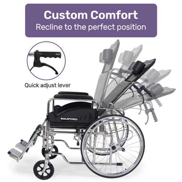 Equipmed Folding Manual Reclining Wheelchair Self Propelled | 24 Rear Wheels | Chrome Steel Frame | 100kg Capacity - Image 6