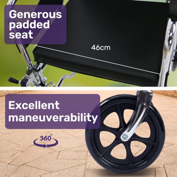 Equipmed Folding Manual Reclining Wheelchair Self Propelled | 24 Rear Wheels | Chrome Steel Frame | 100kg Capacity - Image 8