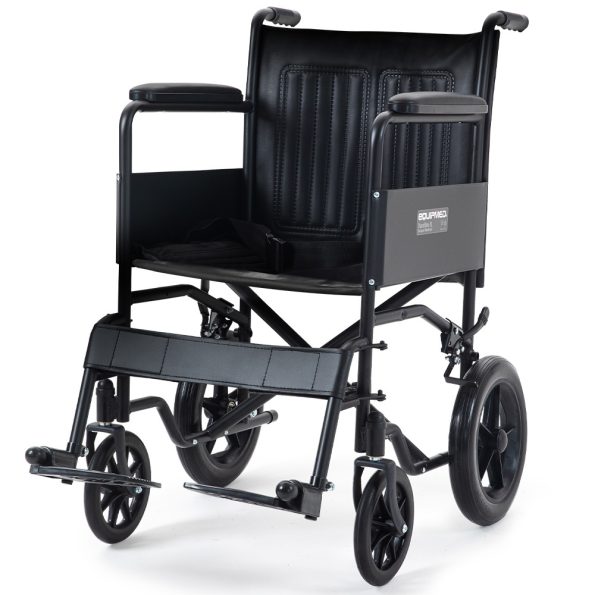 EQUIPMED Folding Transit Manual Wheelchair| Attendant Propelled| Steel Frame| Wide Seat| Comfortable for S-XL| 114kg Capacity| Park Brakes| Transport