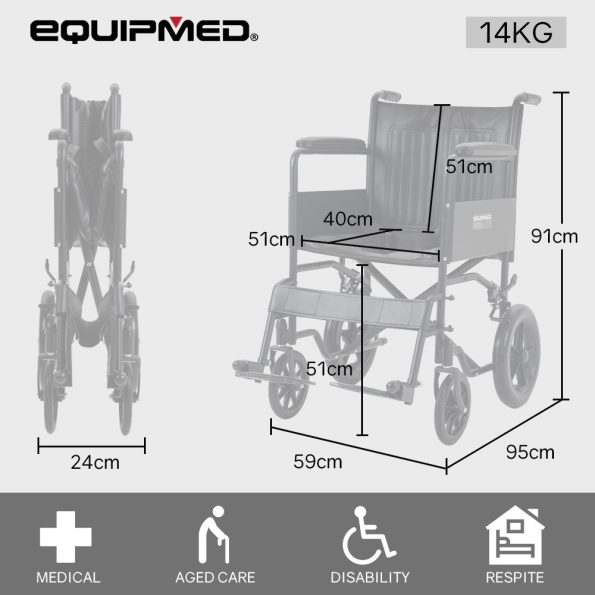 EQUIPMED Folding Transit Manual Wheelchair| Attendant Propelled| Steel Frame| Wide Seat| Comfortable for S-XL| 114kg Capacity| Park Brakes| Transport - Image 2