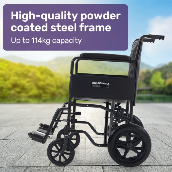 EQUIPMED Folding Transit Manual Wheelchair| Attendant Propelled| Steel Frame| Wide Seat| Comfortable for S-XL| 114kg Capacity| Park Brakes| Transport - Image 3