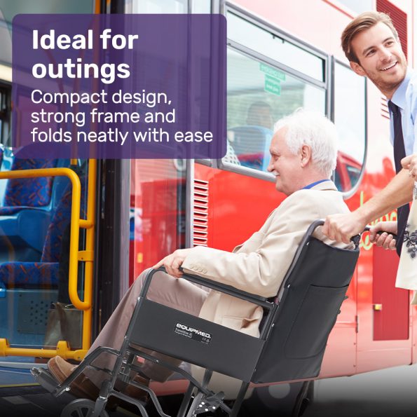 EQUIPMED Folding Transit Manual Wheelchair| Attendant Propelled| Steel Frame| Wide Seat| Comfortable for S-XL| 114kg Capacity| Park Brakes| Transport - Image 6