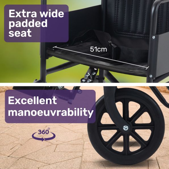 EQUIPMED Folding Transit Manual Wheelchair| Attendant Propelled| Steel Frame| Wide Seat| Comfortable for S-XL| 114kg Capacity| Park Brakes| Transport - Image 7