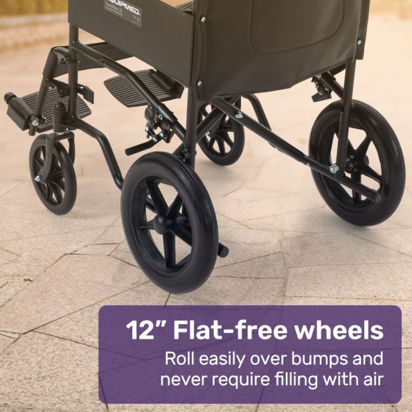EQUIPMED Folding Transit Manual Wheelchair| Attendant Propelled| Steel Frame| Wide Seat| Comfortable for S-XL| 114kg Capacity| Park Brakes| Transport - Image 8