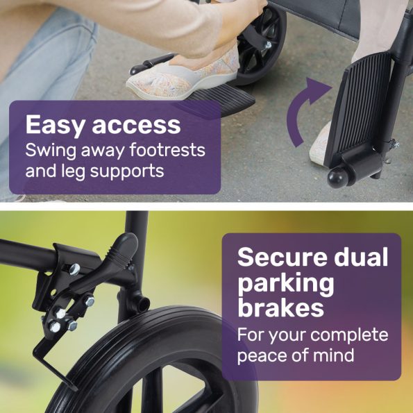 EQUIPMED Folding Transit Manual Wheelchair| Attendant Propelled| Steel Frame| Wide Seat| Comfortable for S-XL| 114kg Capacity| Park Brakes| Transport - Image 10