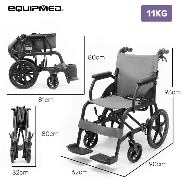 Equipmed Folding Transit Wheelchair| Lightweight Aluminium for Easy Transport| Grey - Image 2