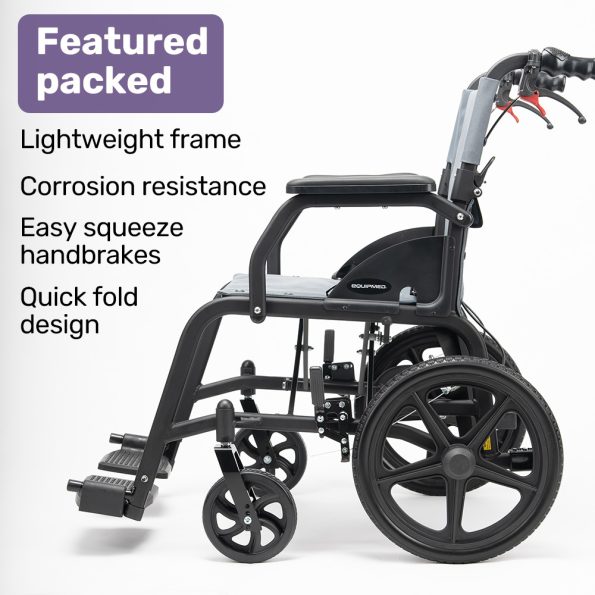 Equipmed Folding Transit Wheelchair| Lightweight Aluminium for Easy Transport| Grey - Image 4