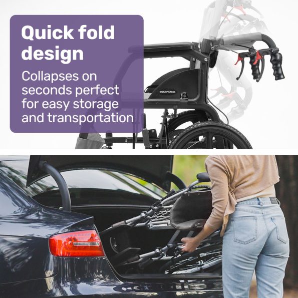 Equipmed Folding Transit Wheelchair| Lightweight Aluminium for Easy Transport| Grey - Image 6
