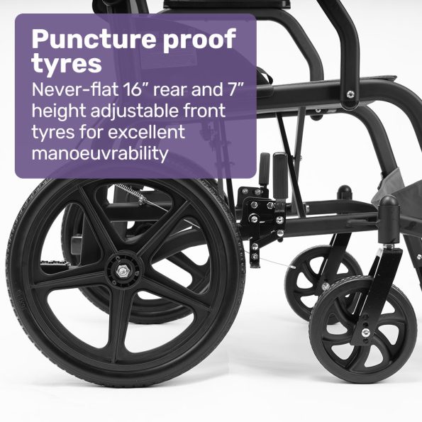 Equipmed Folding Transit Wheelchair| Lightweight Aluminium for Easy Transport| Grey - Image 7