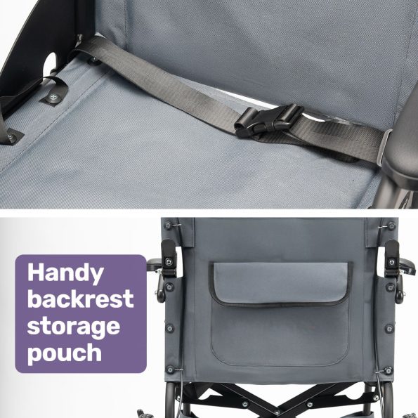 Equipmed Folding Transit Wheelchair| Lightweight Aluminium for Easy Transport| Grey - Image 9
