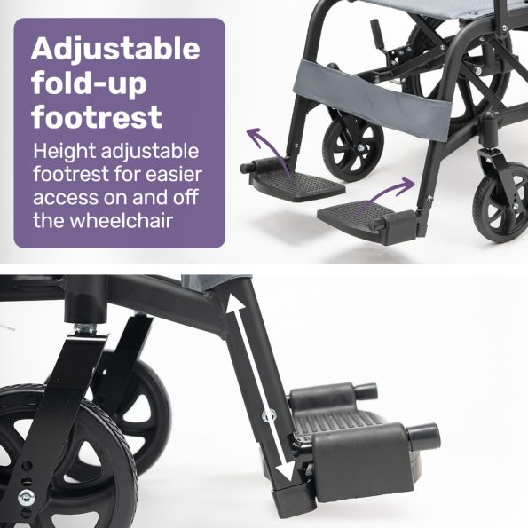 Equipmed Folding Transit Wheelchair| Lightweight Aluminium for Easy Transport| Grey - Image 10