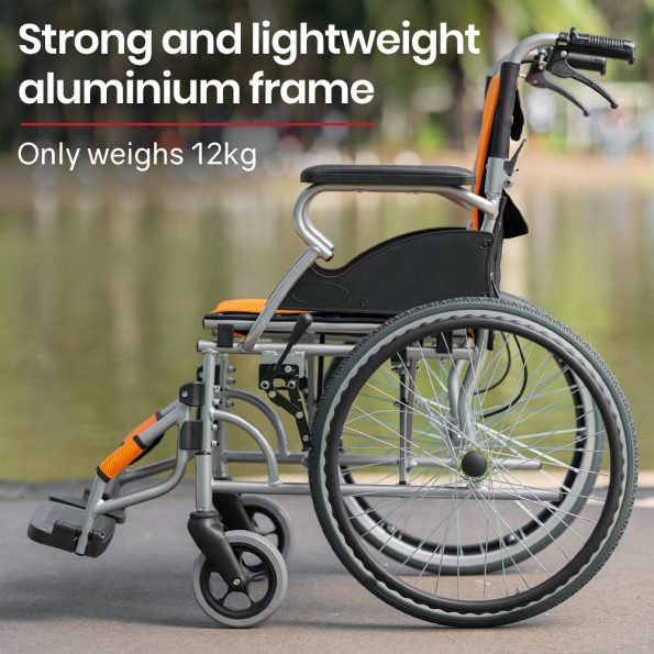 EQUIPMED Folding Aluminium Wheelchair | 20" Wheels | 100kg Capacity | Orange - Image 2
