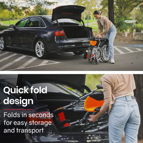 EQUIPMED Folding Aluminium Wheelchair | 20" Wheels | 100kg Capacity | Orange - Image 3