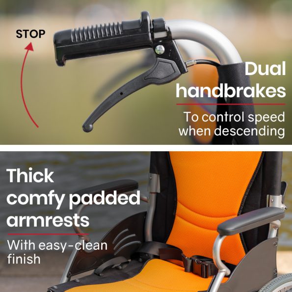 EQUIPMED Folding Aluminium Wheelchair | 20" Wheels | 100kg Capacity | Orange - Image 5