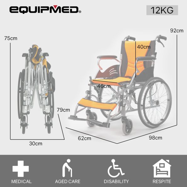 EQUIPMED Folding Aluminium Wheelchair | 20" Wheels | 100kg Capacity | Orange - Image 6