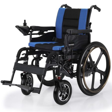 EQUIPMED Electric Wheelchair Folding | 24" Light Rear Wheels | Matte Black/Blue