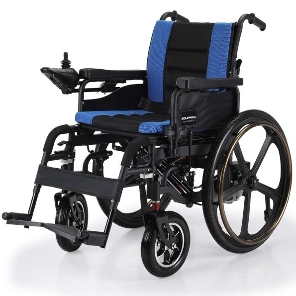 EQUIPMED Electric Wheelchair Folding | 24" Light Rear Wheels | Matte Black/Blue