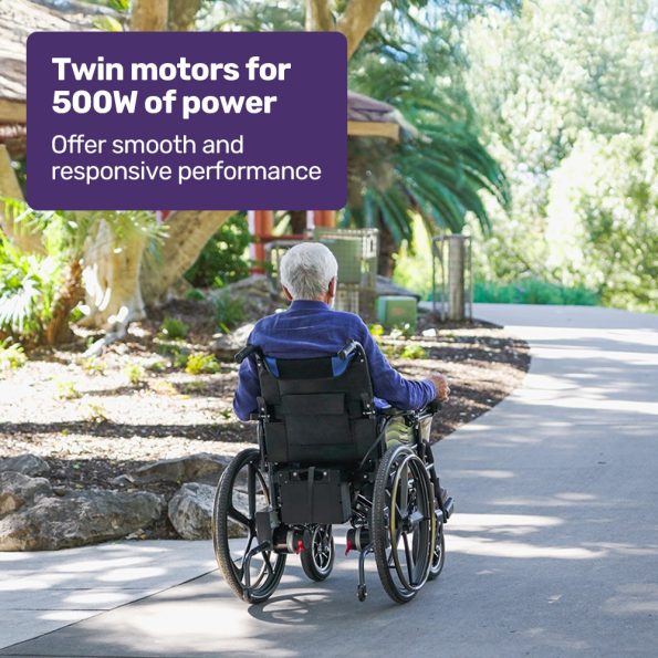 EQUIPMED Electric Wheelchair Folding | 24" Light Rear Wheels | Matte Black/Blue - Image 3