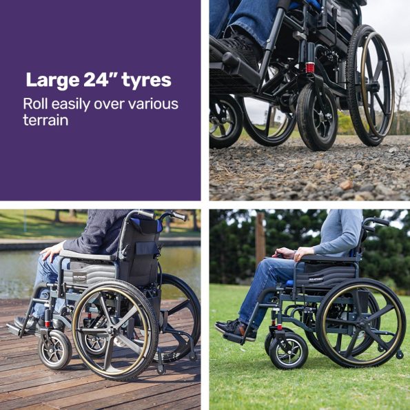 EQUIPMED Electric Wheelchair Folding | 24" Light Rear Wheels | Matte Black/Blue - Image 13