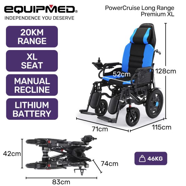 EQUIPMED Power Electric Wheelchair| Wide Bariatric Chair| Comfortable for S-XL| Long Range| Recline Adjustment| Lithium Battery| 16'' Wheels| Headrest| Folding - Image 2