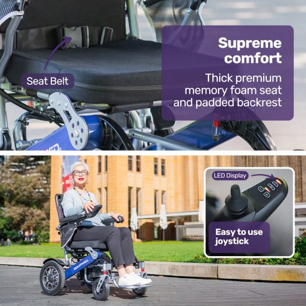 EQUIPMED Power Electric Wheelchair, Long Range| Airline Approved| Folding| Aluminium Frame| Lithium Battery| Blue - Image 8