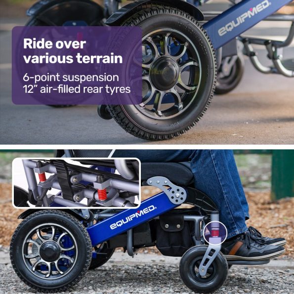 EQUIPMED Power Electric Wheelchair, Long Range| Airline Approved| Folding| Aluminium Frame| Lithium Battery| Blue - Image 12
