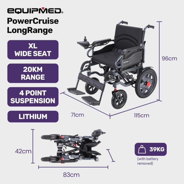 EQUIPMED Electric Folding Wheelchair| Wide Bariatric Chair Seat| Comfortable for S-XL| Long Range| Lithium Battery| Black - Image 15