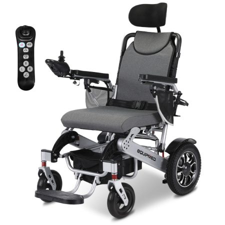 EQUIPMED Power Electric Wheelchair| Long Range| Airline Approved| Alloy| Remote Control| Lithium Battery| Black/Silver