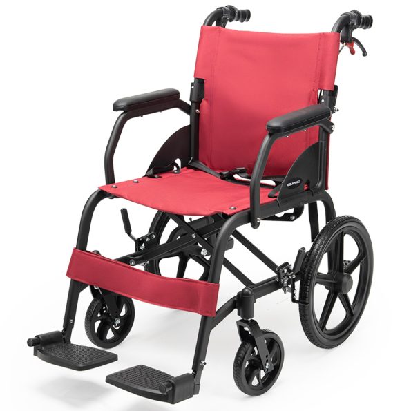Equipmed Folding Transit Wheelchair| Lightweight Aluminium for Easy Transport| Crimson Red