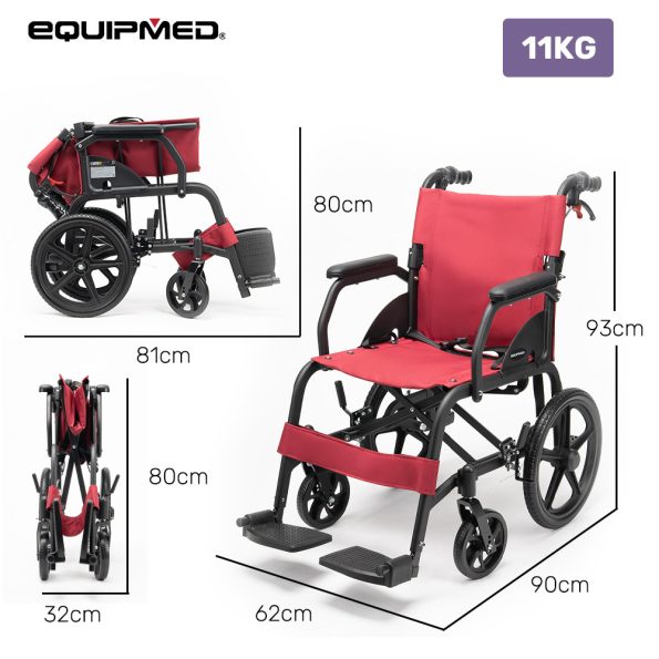 Equipmed Folding Transit Wheelchair| Lightweight Aluminium for Easy Transport| Crimson Red - Image 2