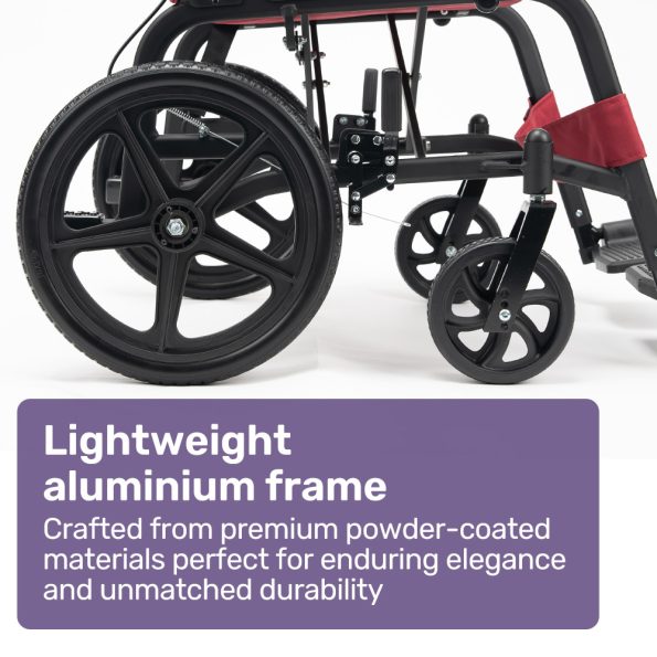 Equipmed Folding Transit Wheelchair| Lightweight Aluminium for Easy Transport| Crimson Red - Image 3