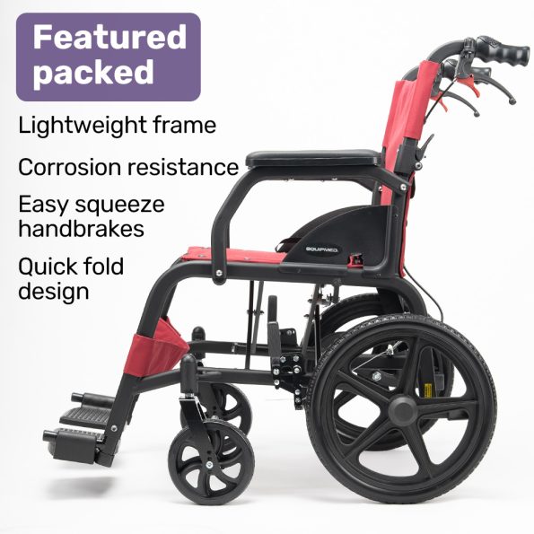 Equipmed Folding Transit Wheelchair| Lightweight Aluminium for Easy Transport| Crimson Red - Image 4