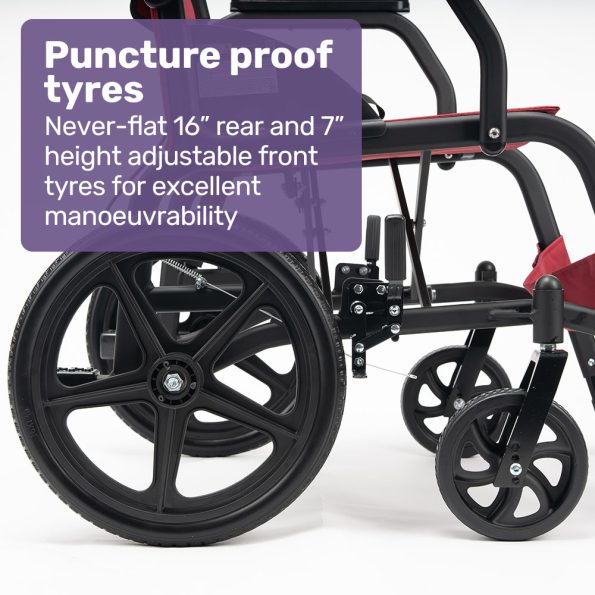 Equipmed Folding Transit Wheelchair| Lightweight Aluminium for Easy Transport| Crimson Red - Image 7